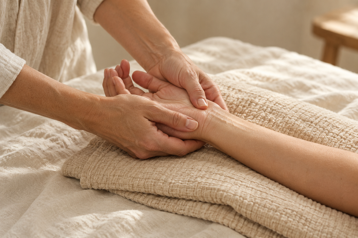 Illustration d’ambiance : un geste de massage des mains sur un linge écru texturé.